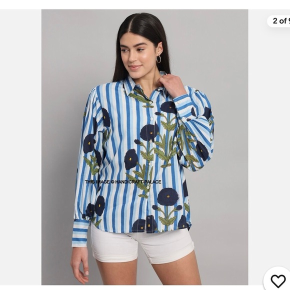 Halogen Blue and Yellow Floral Striped Blouse - Picture 6 of 6